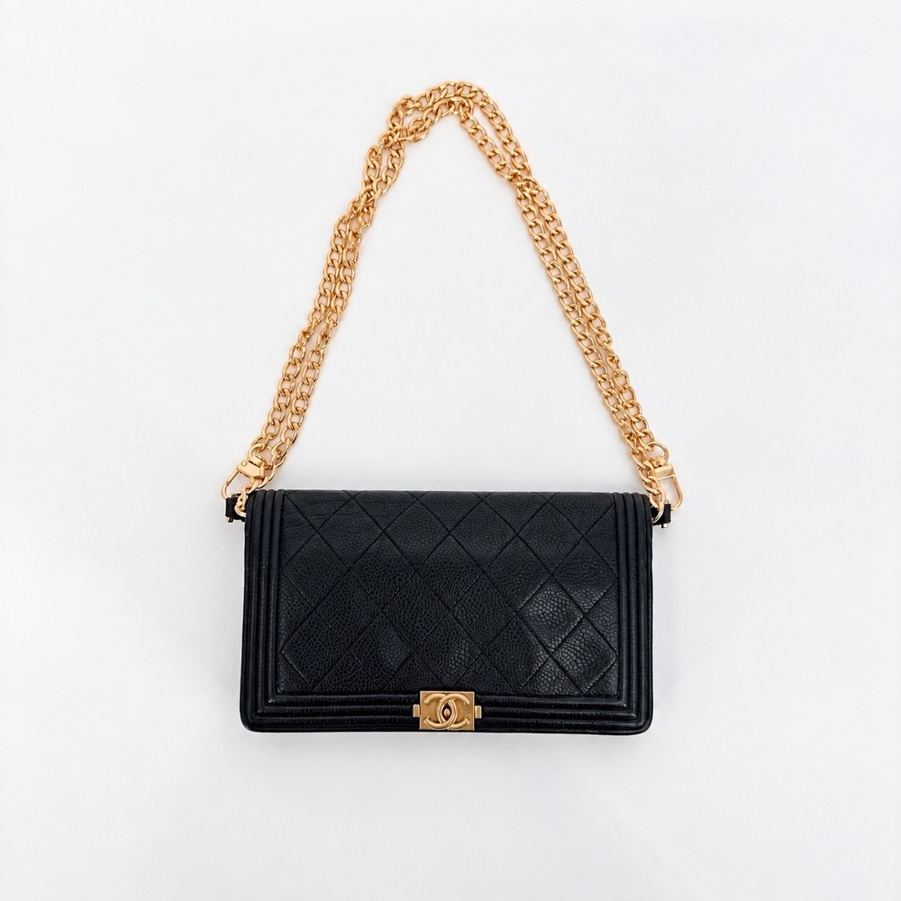 Chanel Boy Flap Wallet Black Quilted Caviar Gold Hardware Luxury Wallet on Chain